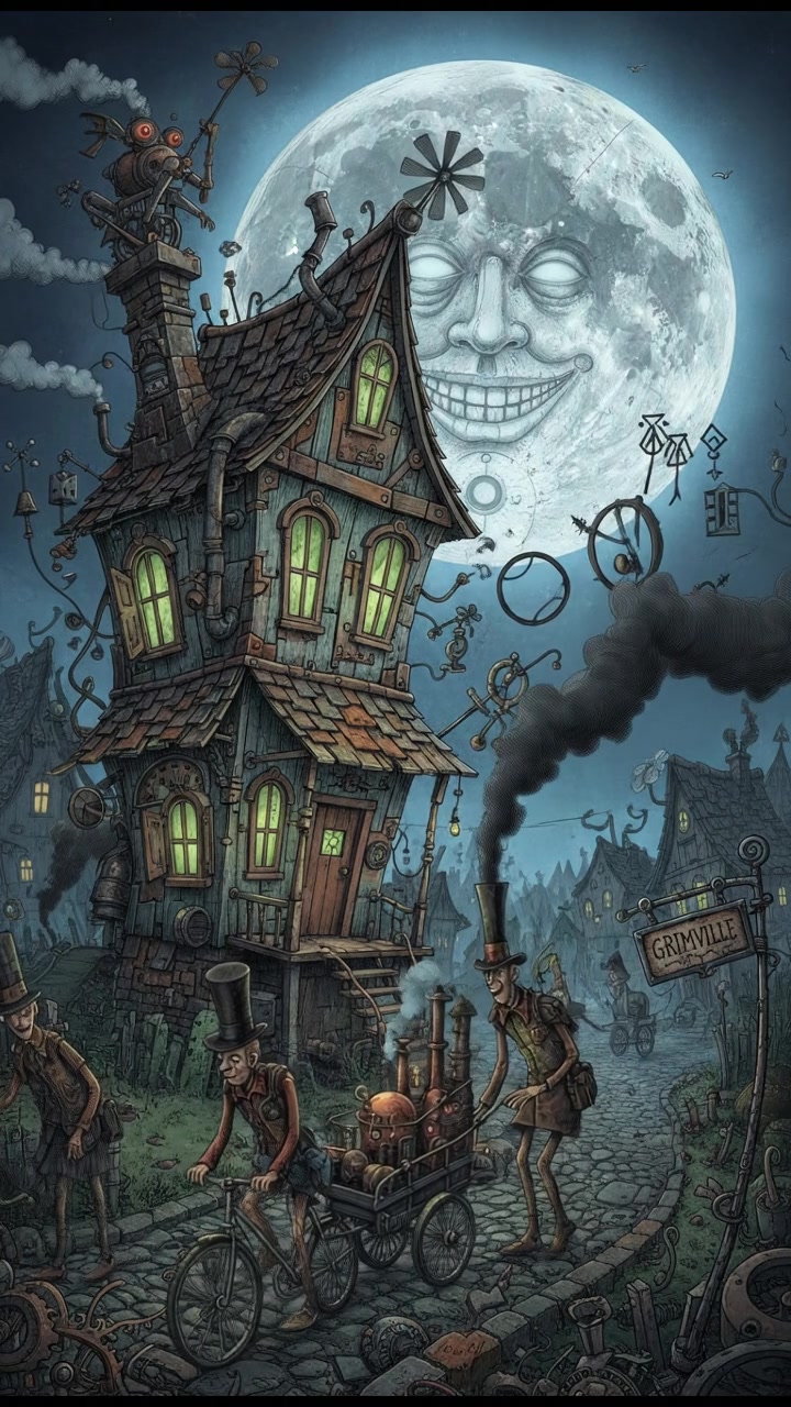 A dark, eerie village at night with an old, creaky house and a full moon illuminating the sky.