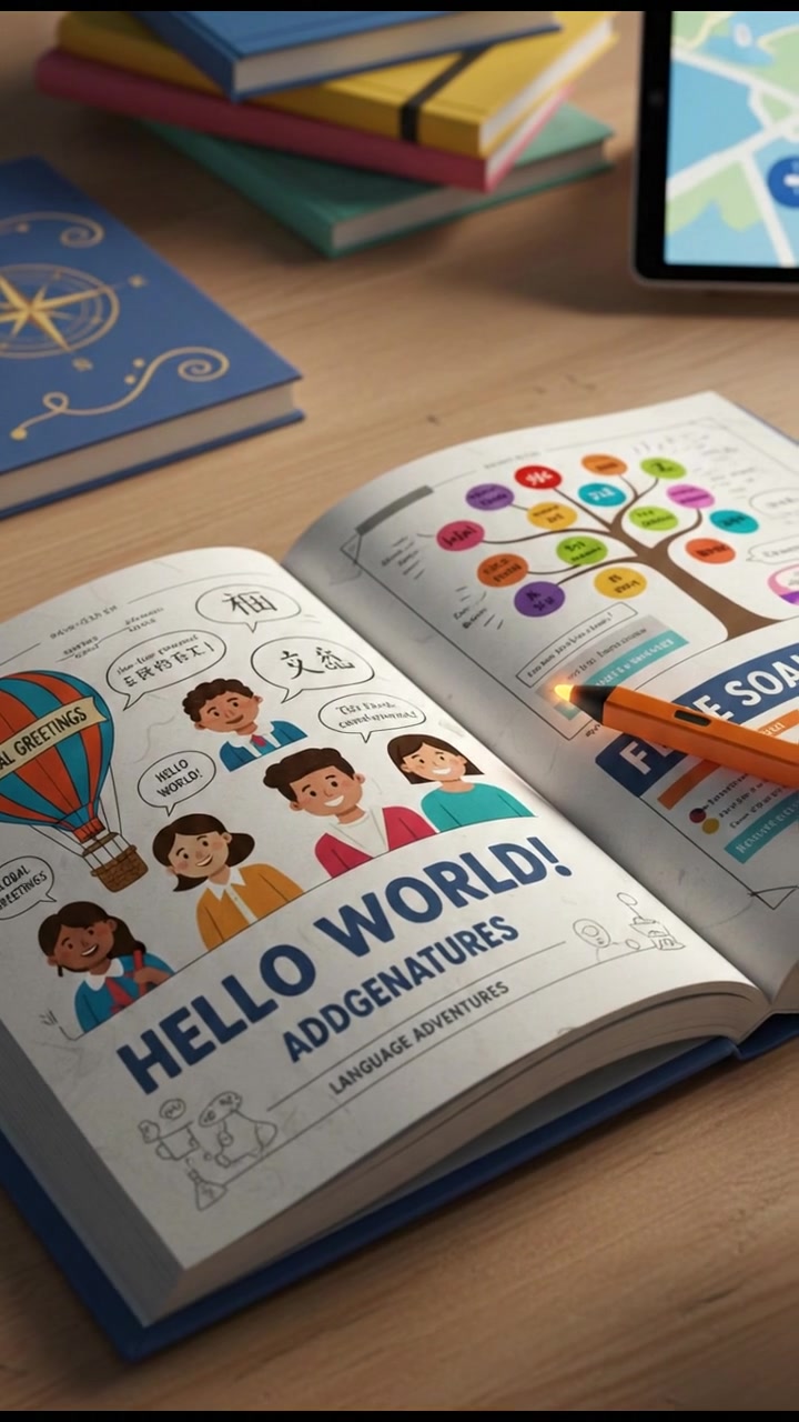 A close-up of an open language textbook on a desk, with a pen beside it.