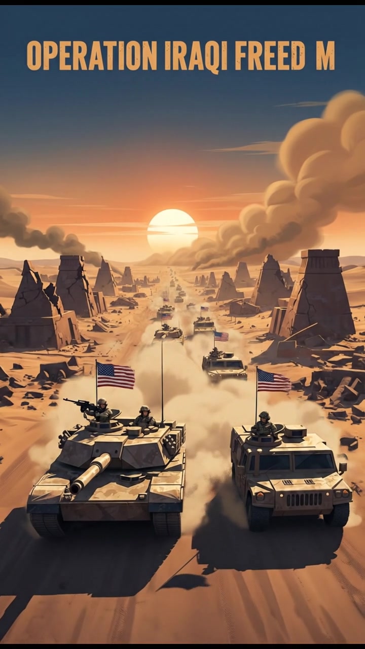 An image of military vehicles on a dusty road symbolizing the American invasion of Iraq.