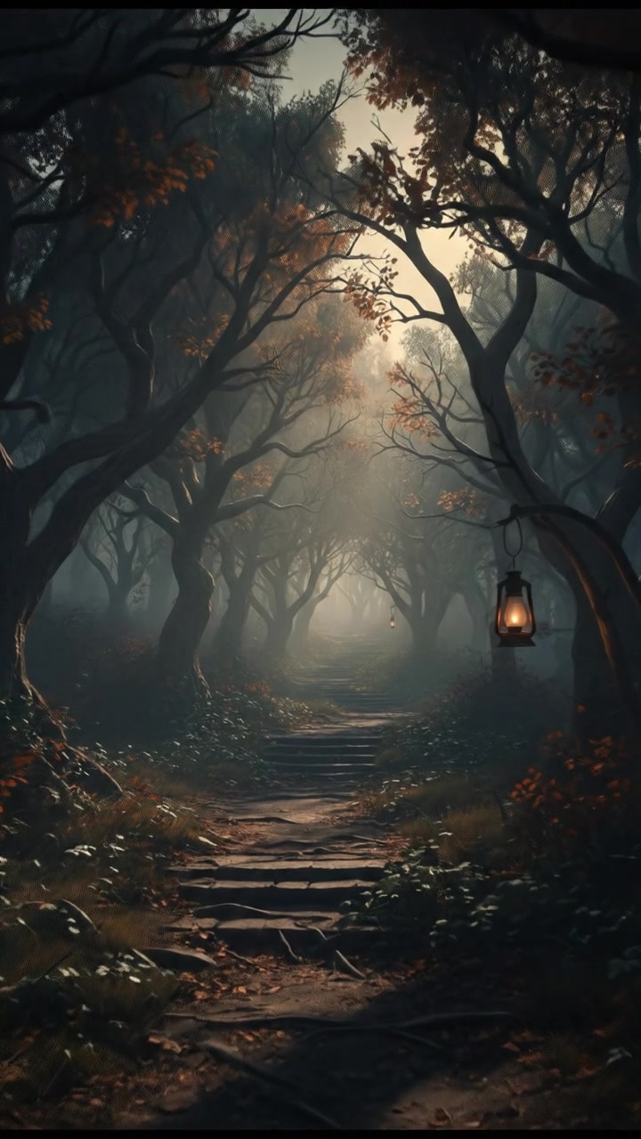 An empty forest path, hinting at the mysterious disappearance of the Blackwood family a century ago.