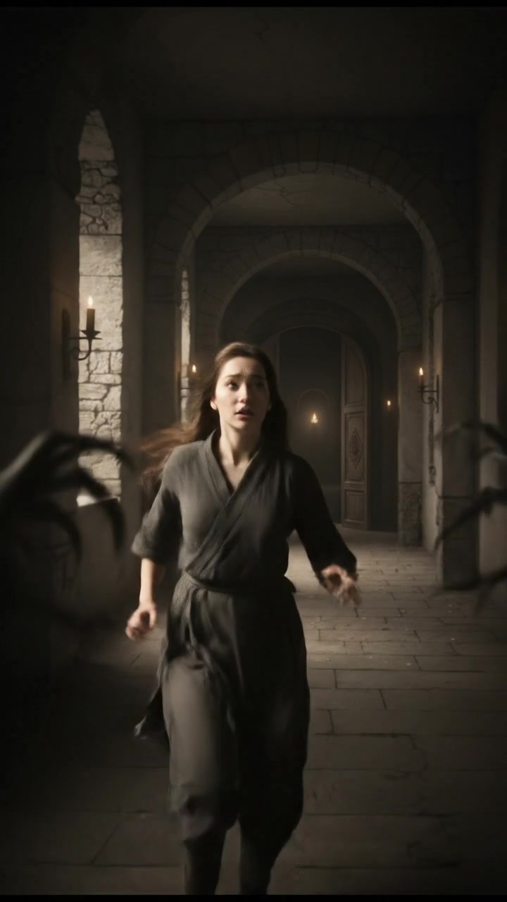 Mei running down the hallway, her expression filled with fear, looking back towards the empty room.