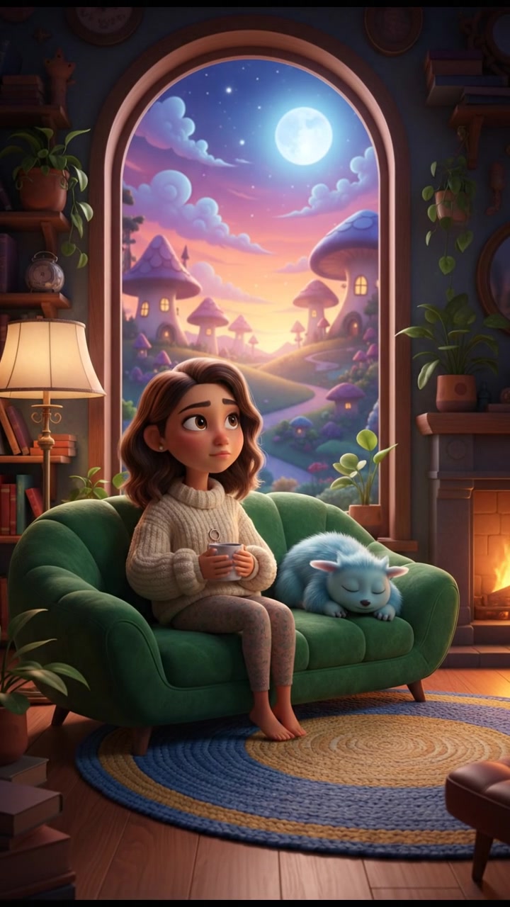 A cozy living room with Laila sitting on a couch, looking thoughtfully out a window.