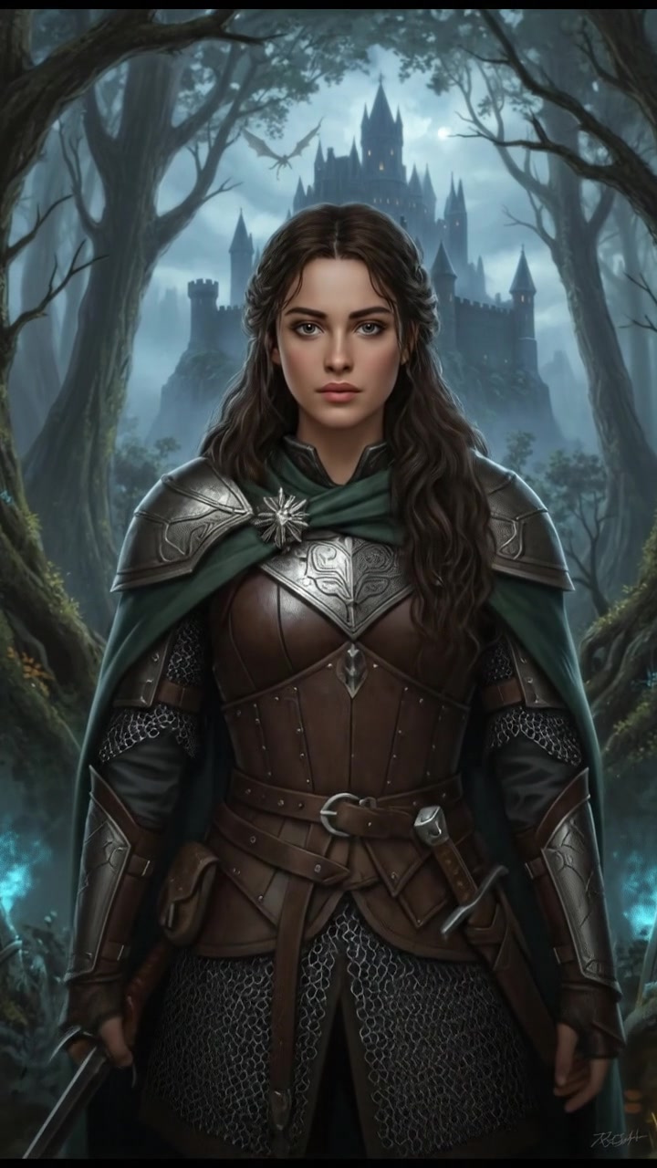 Maya standing firmly, determination in her eyes, with the dense forest behind her.