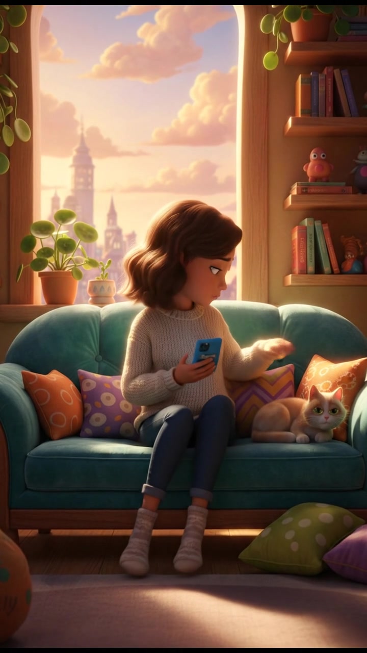 Laila sitting alone on a couch, gazing at her phone with a pensive look.