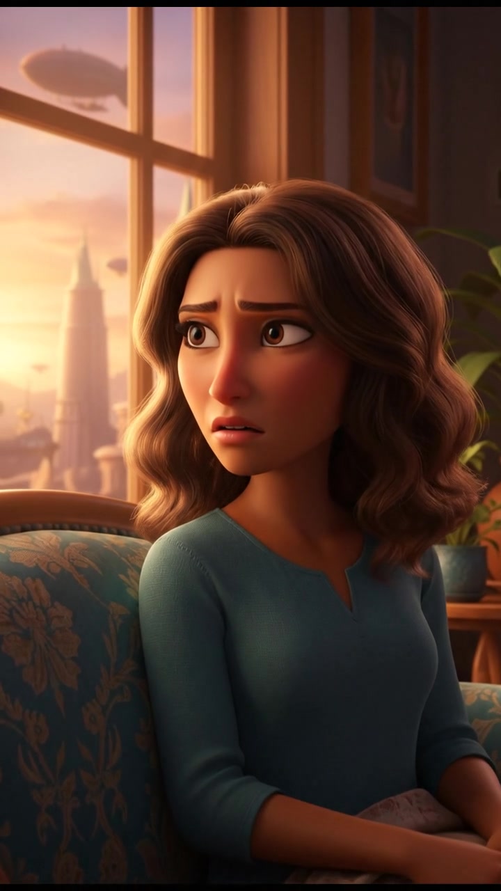 A close-up of Laila sitting on a couch, looking out the window with a worried expression.