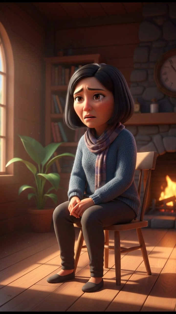 Li looking down, a sad expression on her face, as she sits on a simple wooden chair.