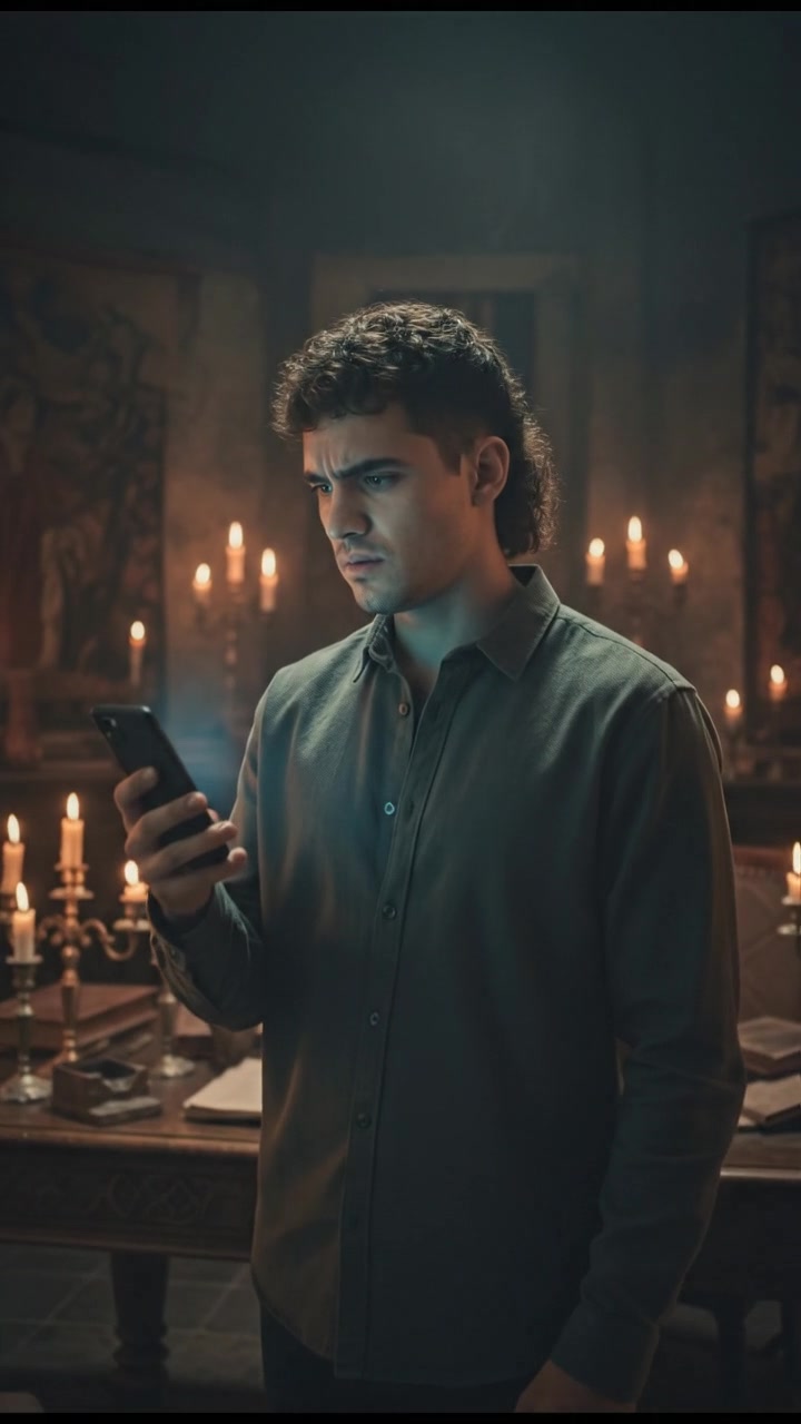 Mateo with a furrowed brow, staring at his phone in confusion.