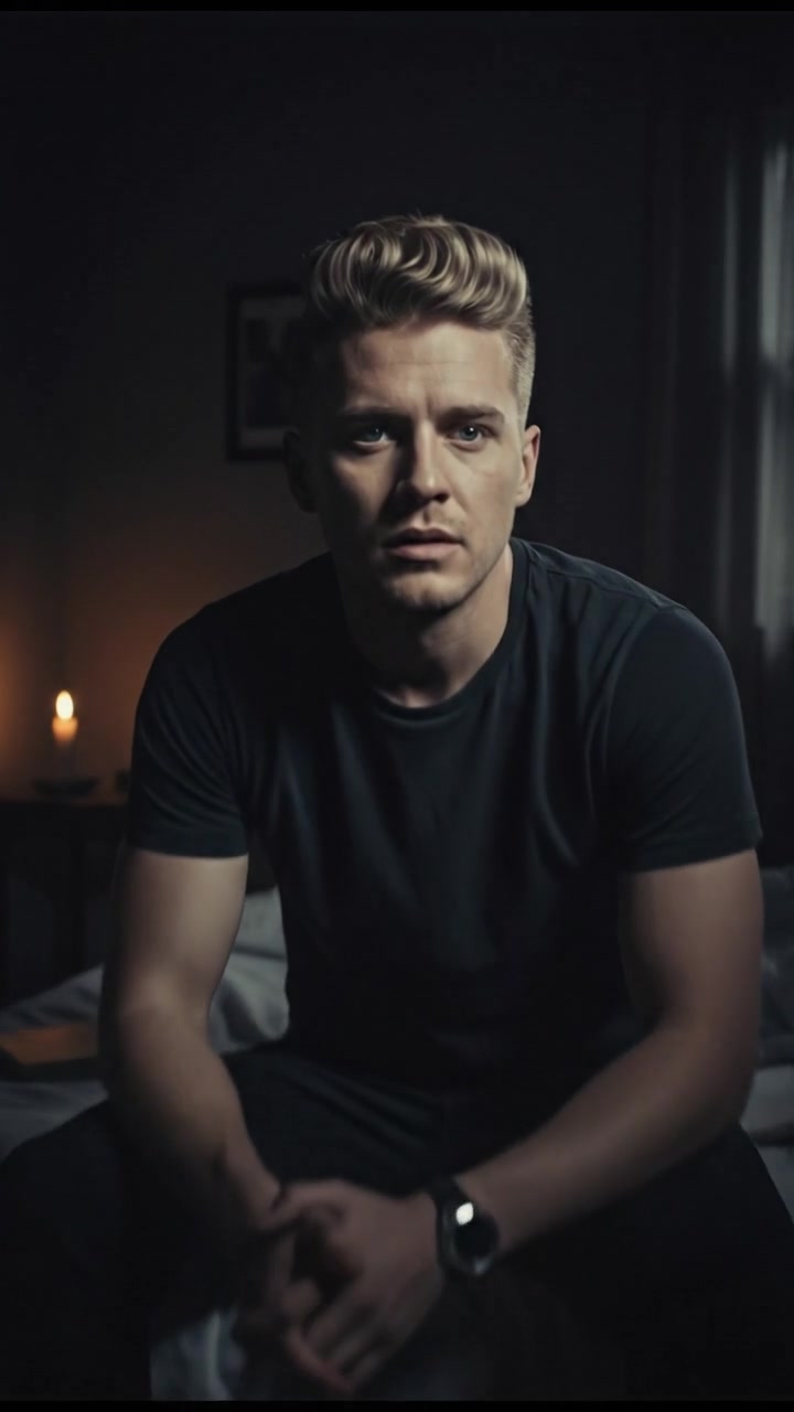 Ryan sitting on his bed at night, looking uncertain, with shadows casting across his face.