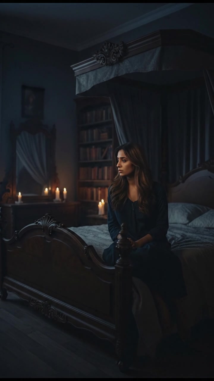 Priya's bedroom at night, dimly lit with shadows, a bed in the center.