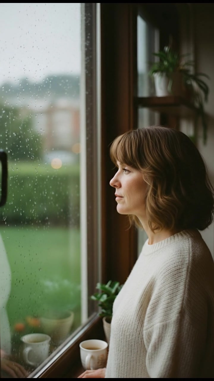 Susan looking out the window, her expression thoughtful as rain falls softly outside.