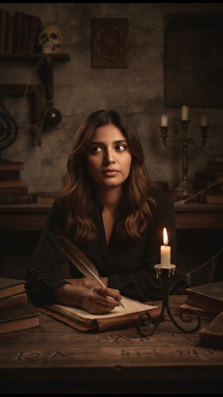 Priya sitting at a table, with a notepad, contemplating and writing notes.