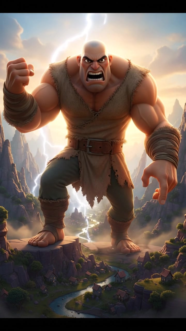 A giant named Carlos, towering over a rocky landscape, with a threatening posture.