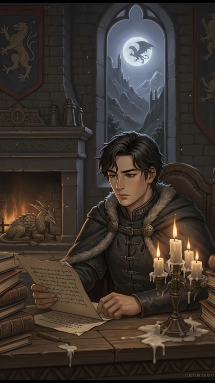 Ken sitting at a wooden desk filled with books, looking pensively at a page, in a dimly lit room.