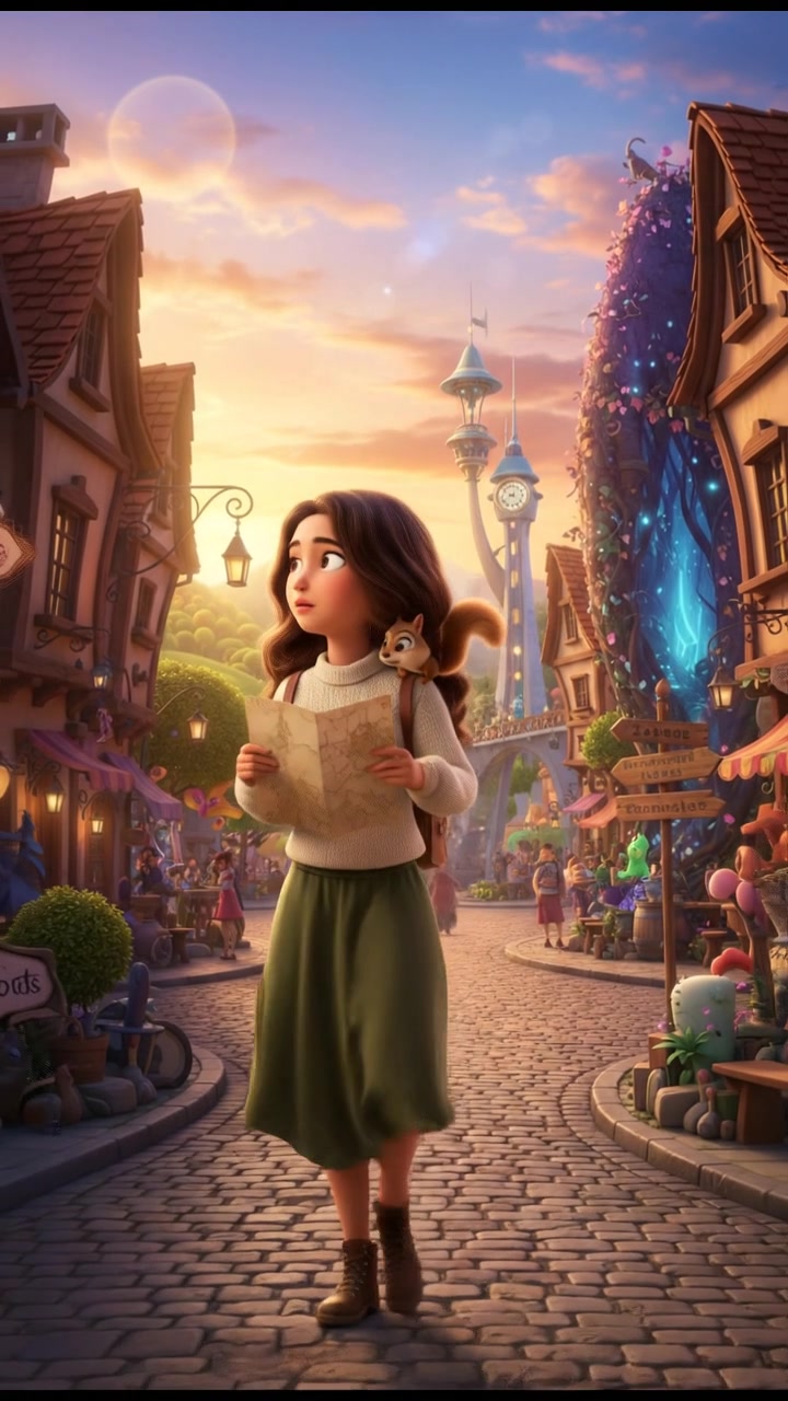 Maya standing at a crossroads in town, looking uncertain about her path.