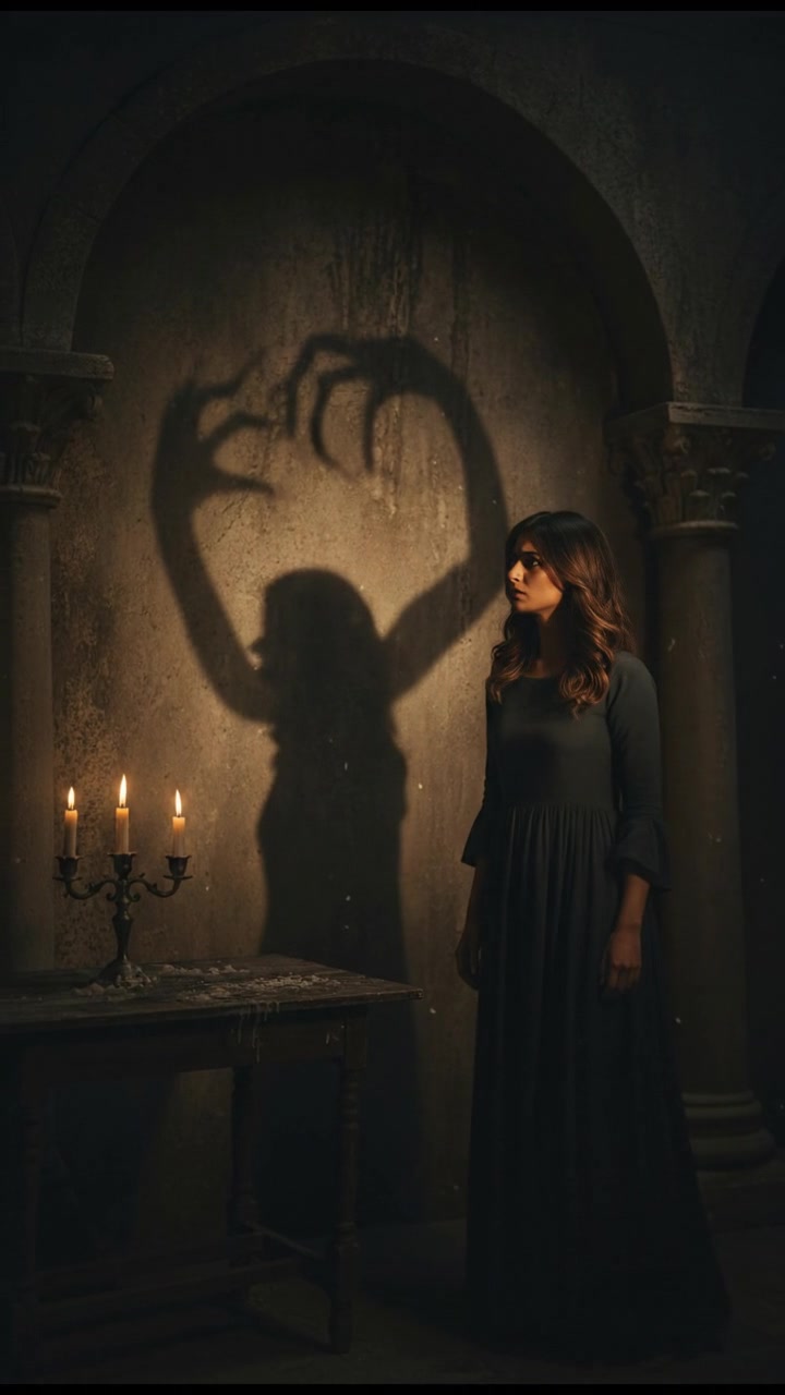 The Priya looking confused, tilting her head as she observes the shadow on the wall.