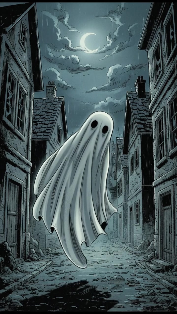 Boo, the ghost, floating in the village with flowing white drapery, softly illuminated by the moonlight.