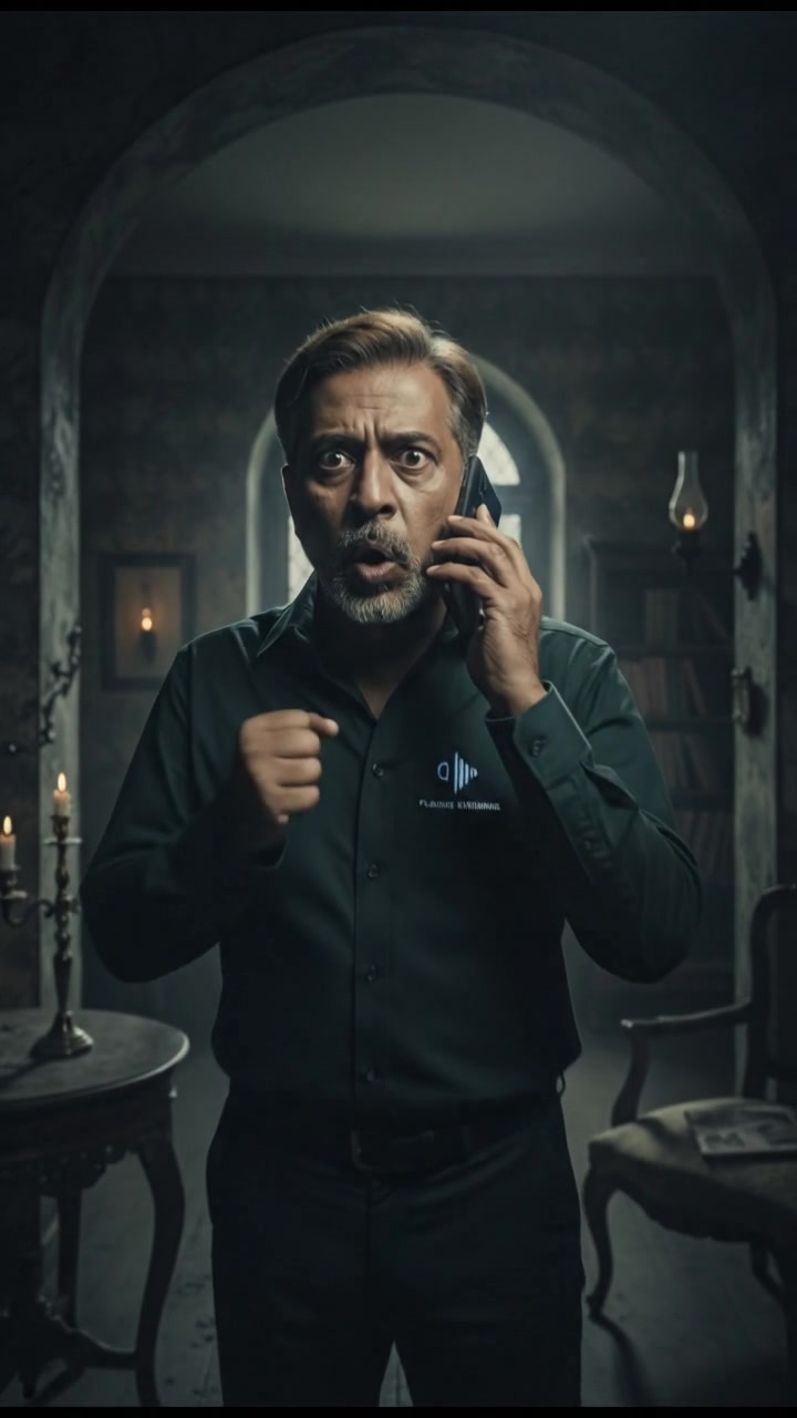 Raj holding a phone to his ear, looking shocked as a voicemail plays.