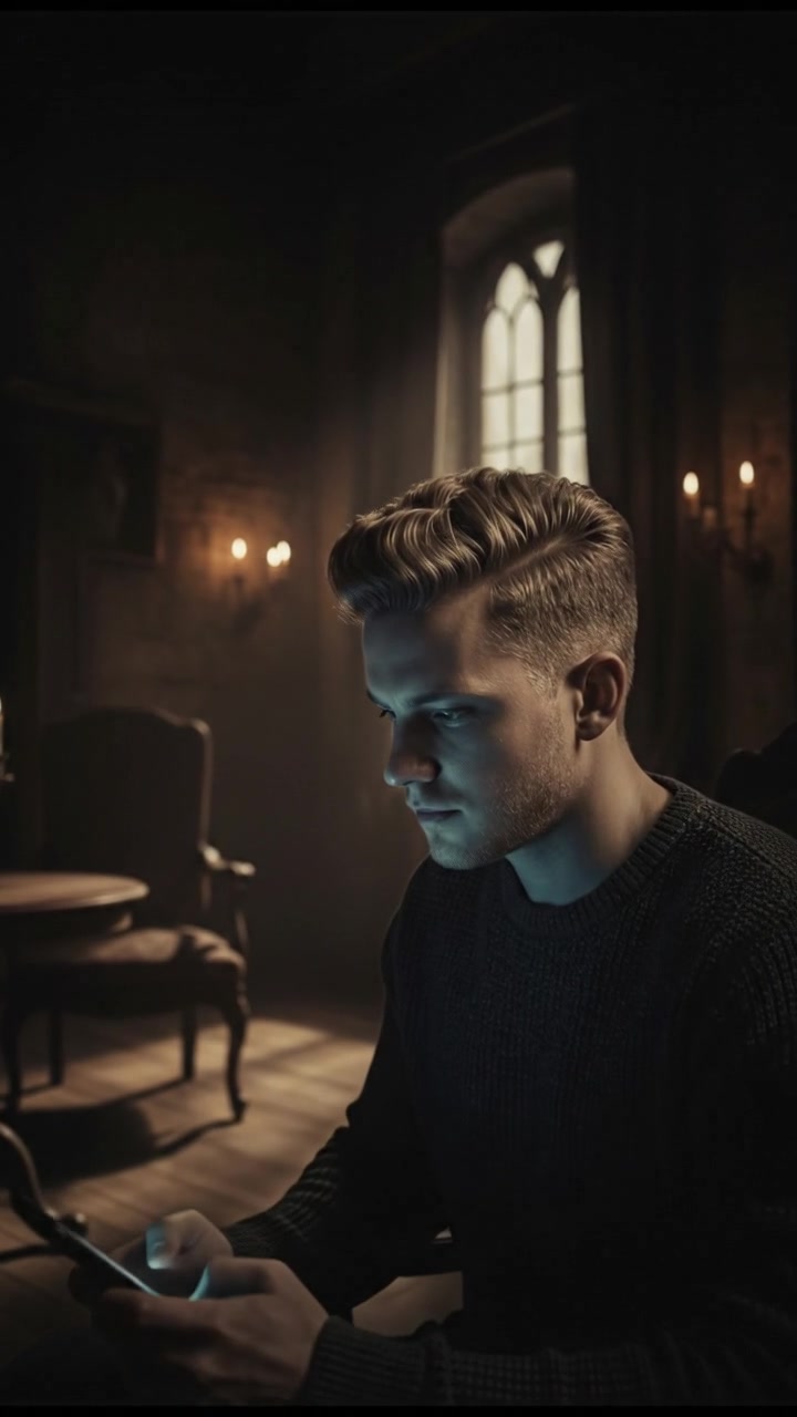 Ryan, sitting alone in a dimly lit room, stares pensively at his phone.