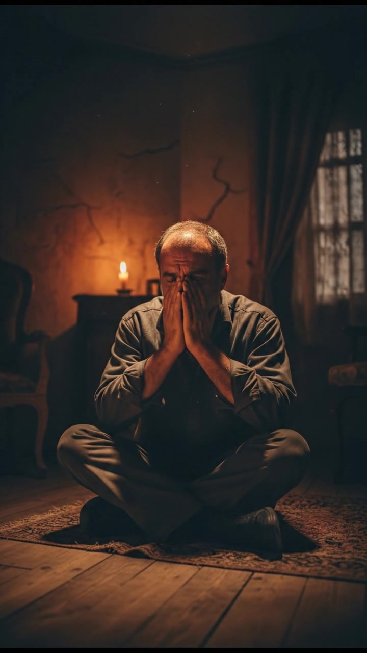 Omar alone in a dimly lit room, sitting on the floor with a pained expression.