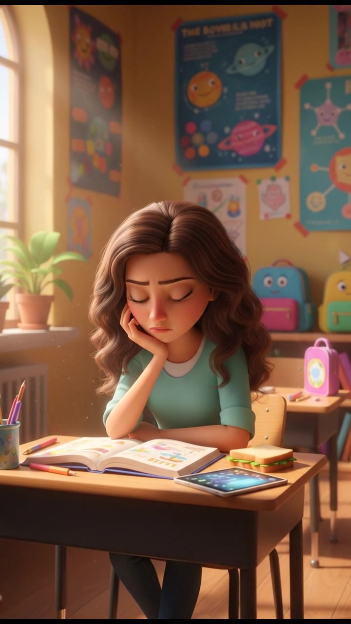 Maya sitting at her desk in the classroom, deep in thought, with a furrowed brow.