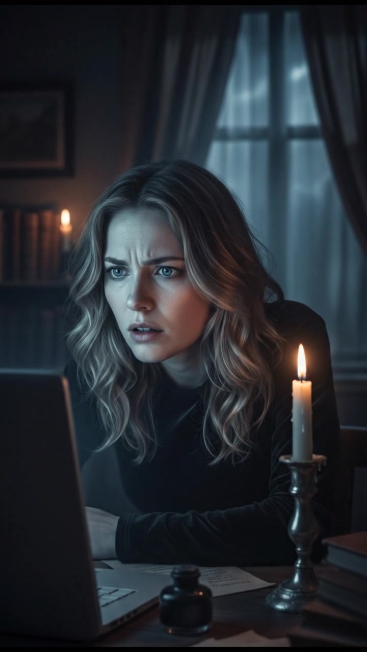 Ashley sitting at her desk, looking curiously at her computer screen with a puzzled expression.