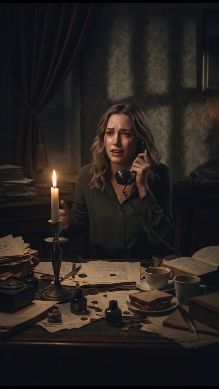 Ashley sitting at a cluttered desk, speaking desperately into a phone, papers scattered around her.