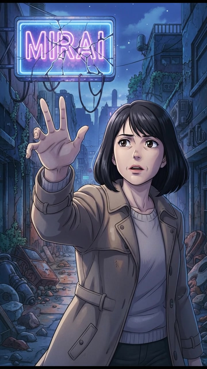 Li reaching out to a broken sign illuminated by a faint light.