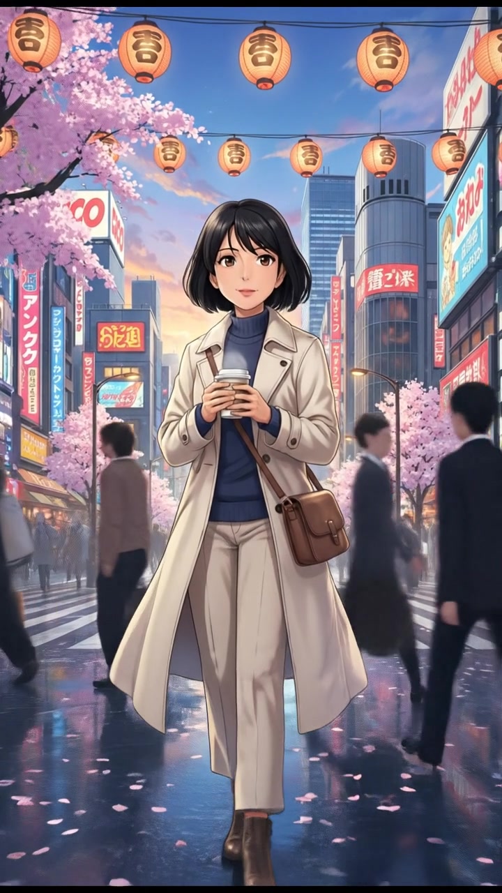 A bustling street in Tokyo, with blurred figures walking past while Li is in sharp focus, looking unaware.