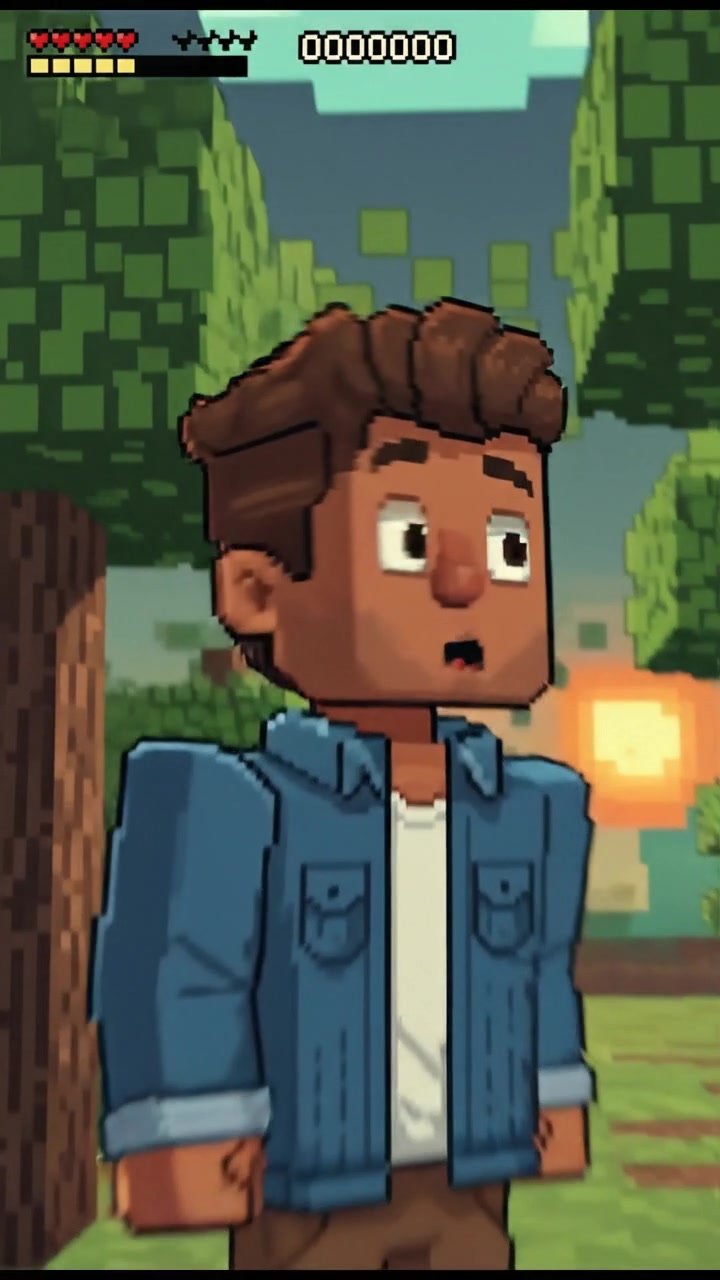 A bewildered Arjun stands in a pixelated Minecraft forest, looking around in amazement.