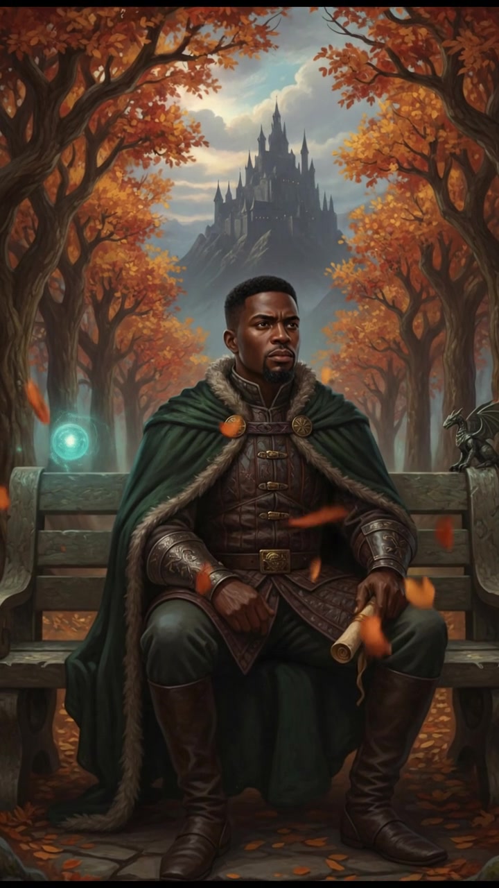 Isaiah sitting on a park bench, looking contemplative, surrounded by trees in autumn.