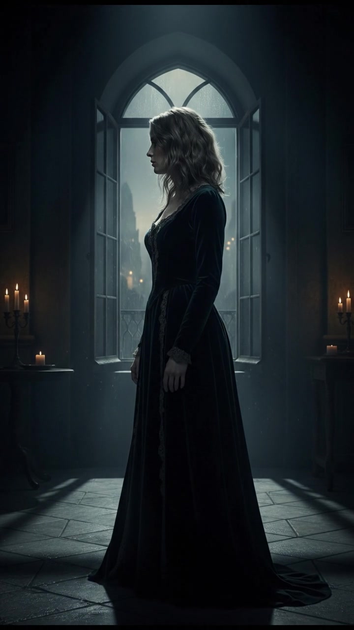 Ashley stands upright, facing an open window, her expression determined yet anxious.