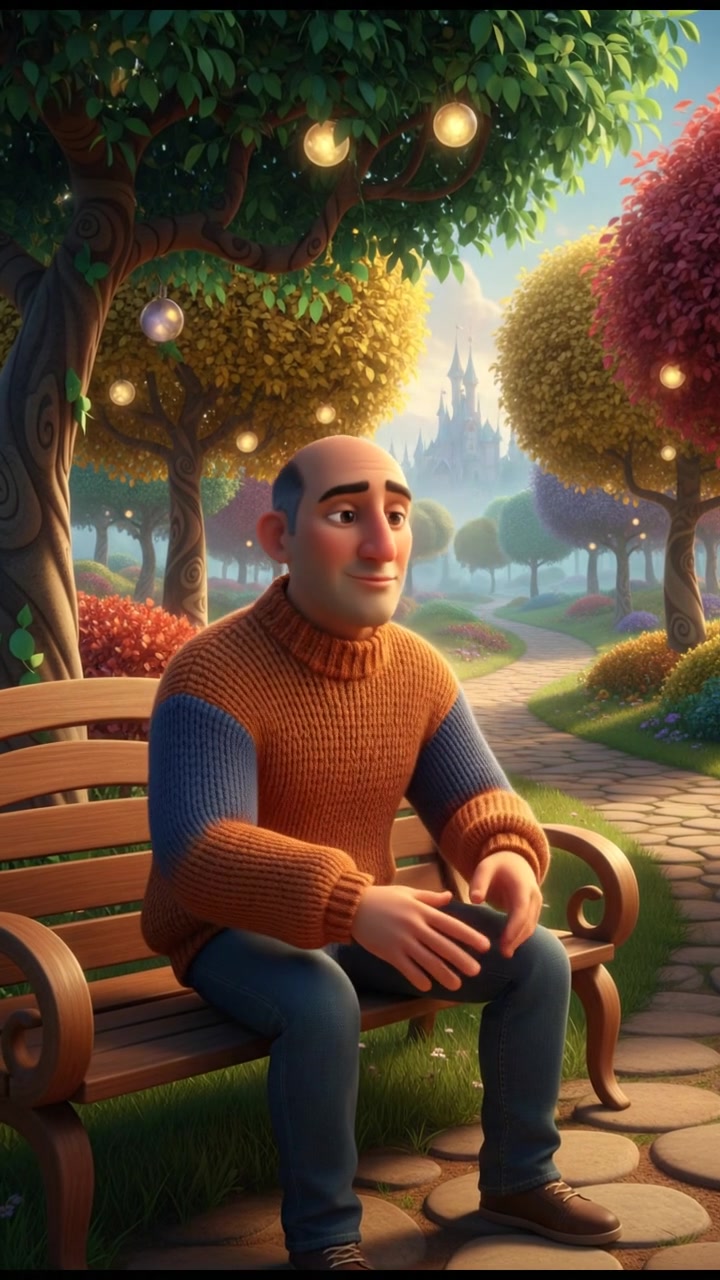 Carlos sitting on a bench in a park, looking contemplative, with trees in the background.