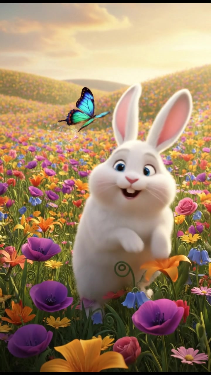 Clover chasing a colorful butterfly through a field of wildflowers, looking excited and carefree.