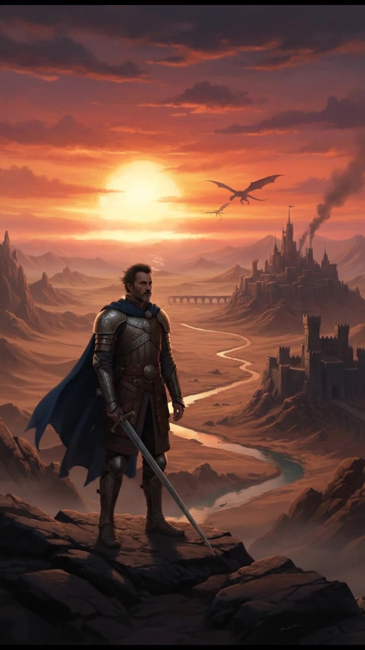 A silhouette of Omar standing on a hilltop, overlooking a vast desert under a sunset sky.