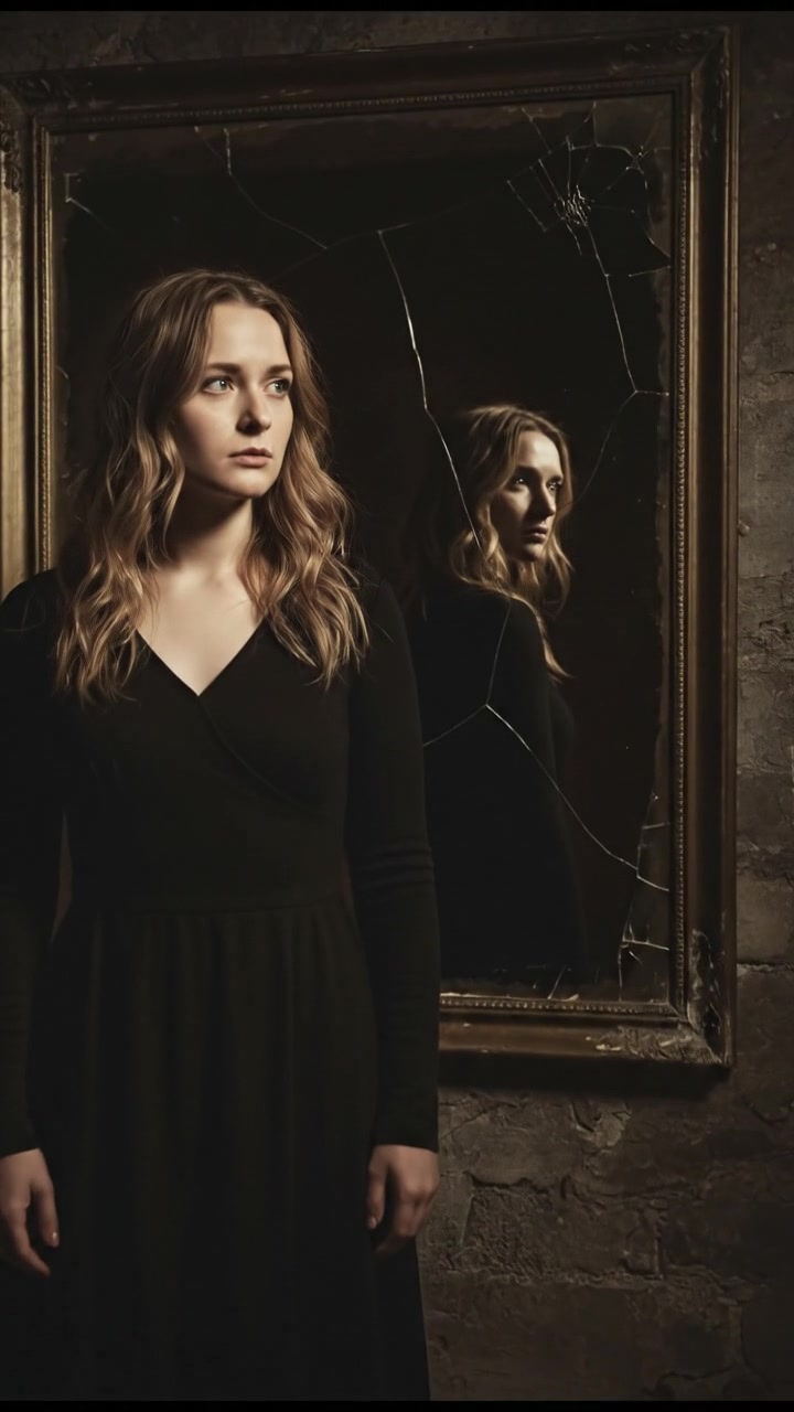 Ashley standing silently in front of an old, slightly cracked mirror hanging on the wall.