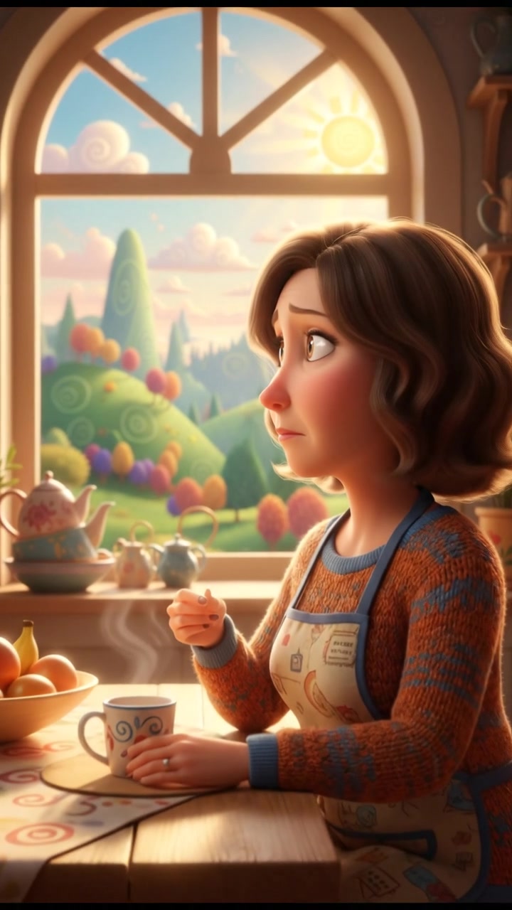 Susan, sitting at a kitchen table, looking thoughtfully out of a window, a cup of tea in her hands.