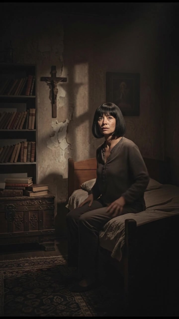 The Li sitting on her bed, looking around her dimly lit room with a nervous expression.