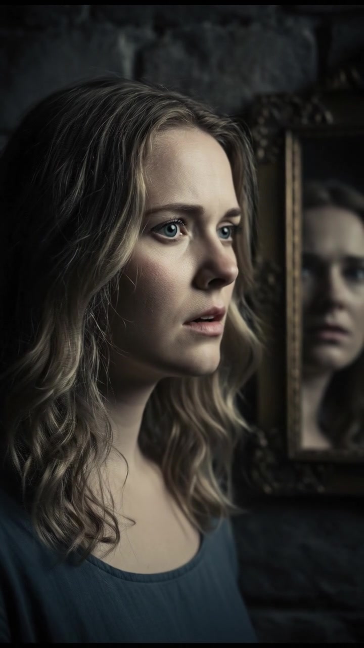 A close-up of Ashley's concerned expression as she contemplates the strange reflection.