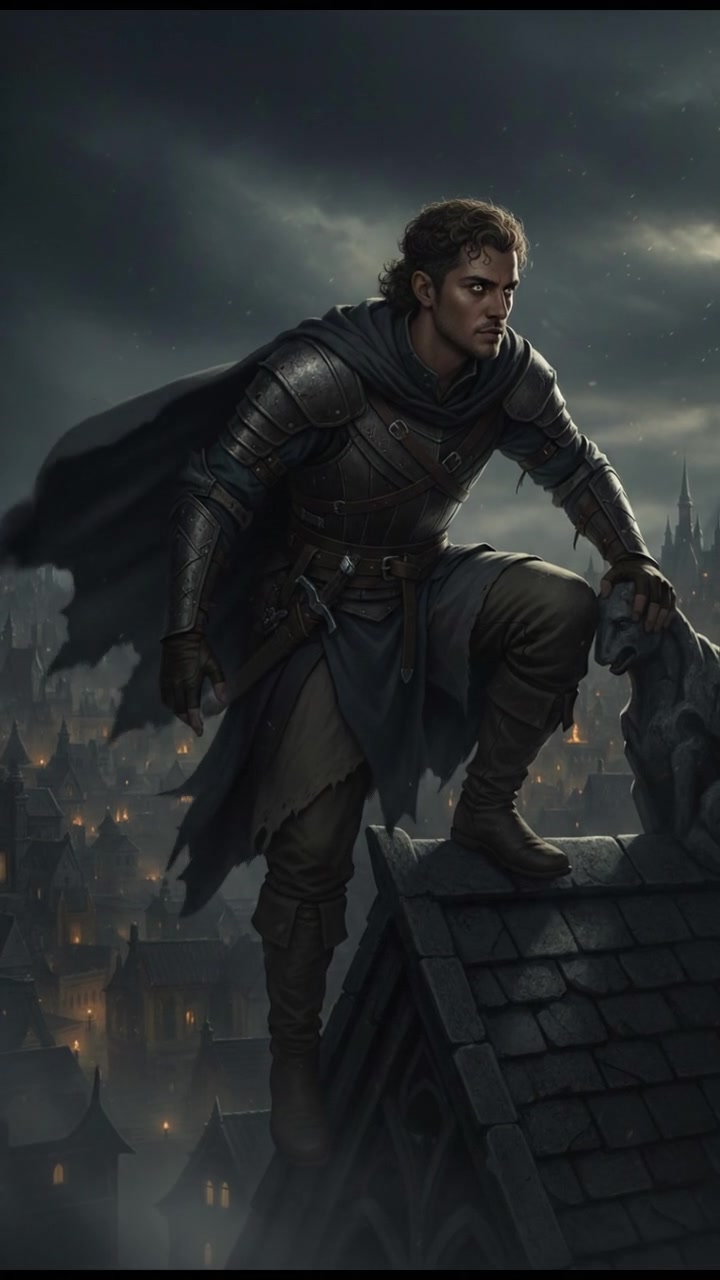 Mateo perched on a rooftop, looking out over the city with heightened senses, ready for action.