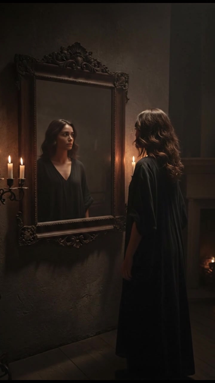 Laila stands in a dimly lit room, gazing into a large, ornate mirror that reflects her image.