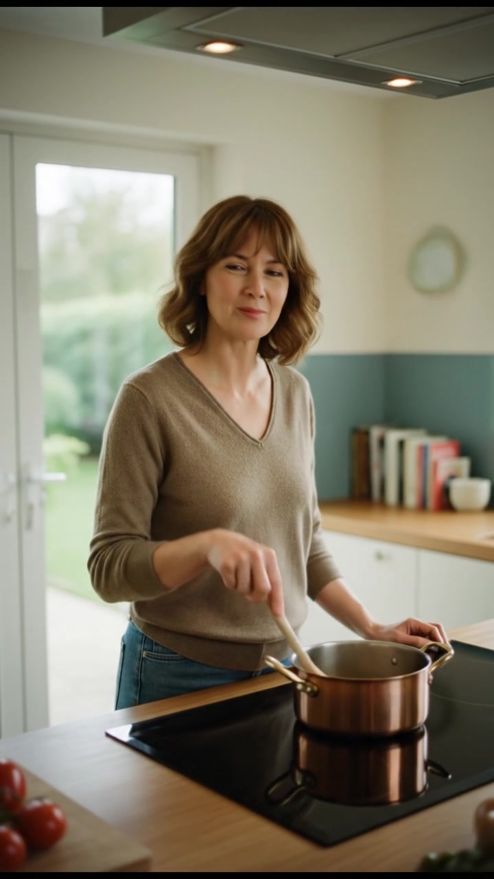 Susan standing at the kitchen counter, stirring a pot with a smile that appears forced.