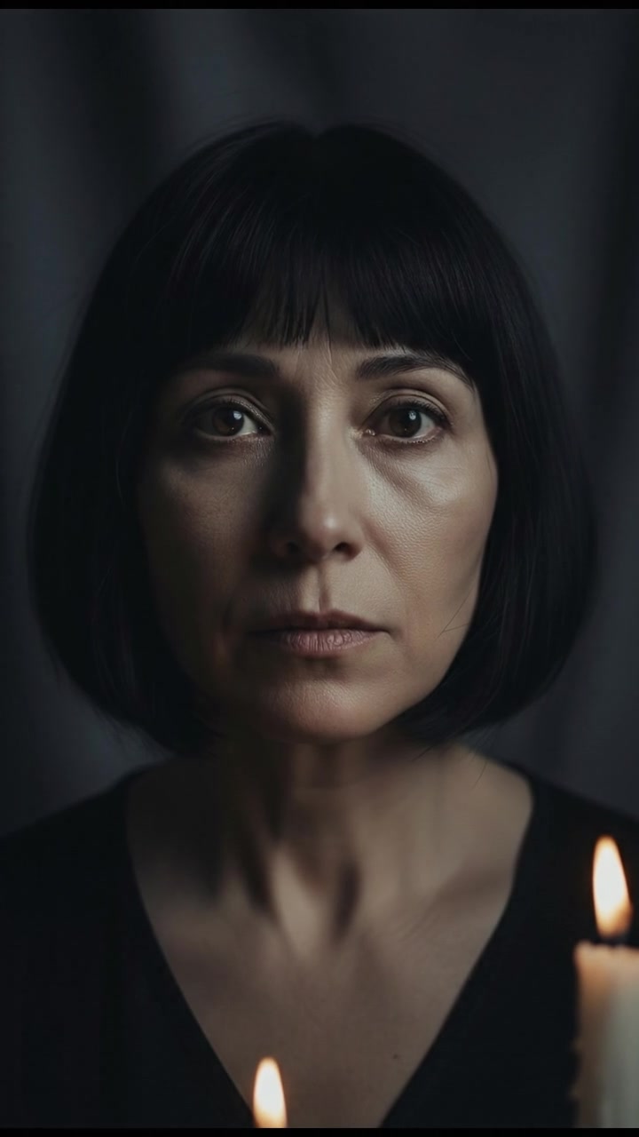 Close-up of the pale face of Li, her empty eyes staring forward.