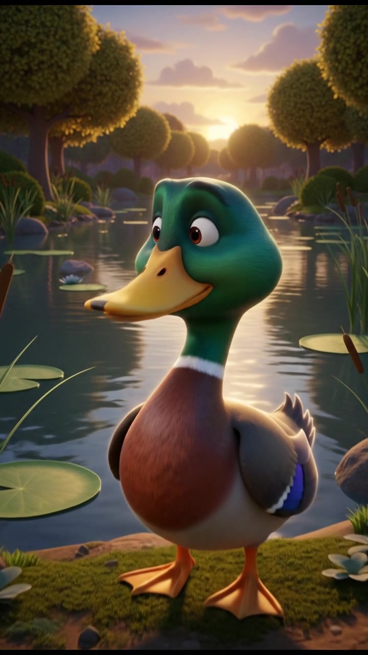 Jim, the duck, standing on the edge of the pond, looking out over the water with a pensive expression.