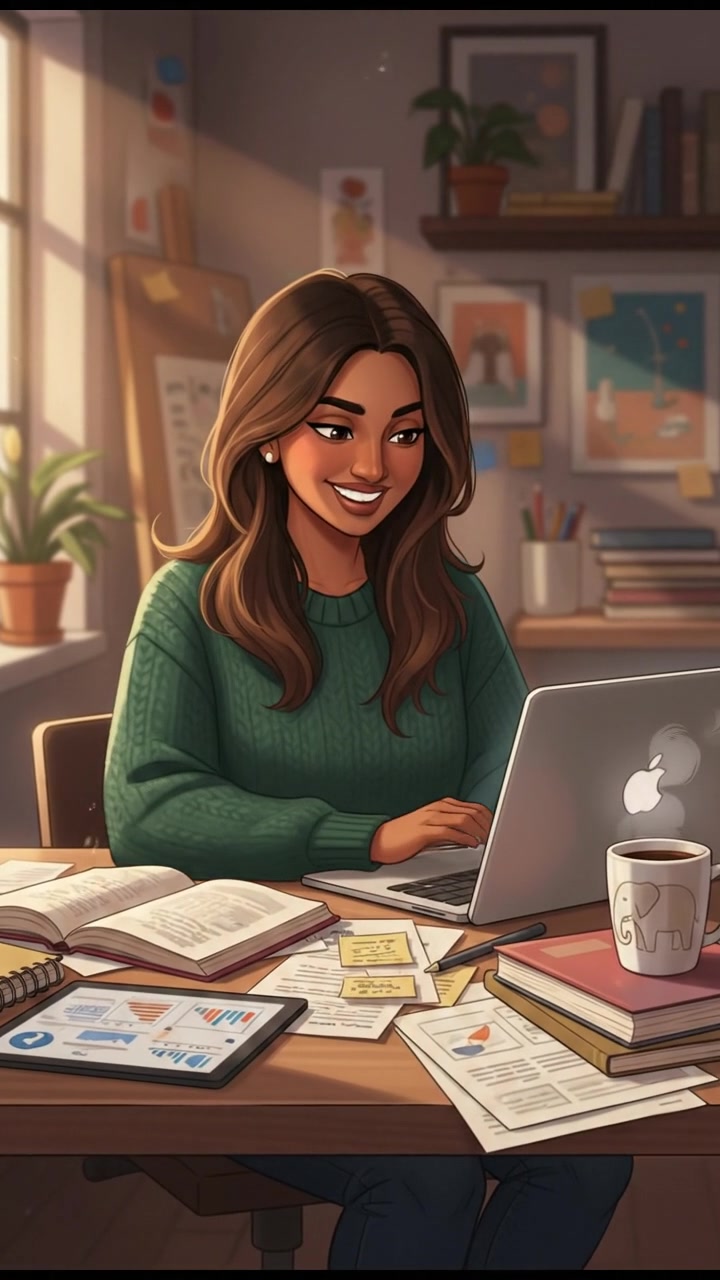 The Priya sitting at a desk with a laptop open, surrounded by papers and a coffee cup.