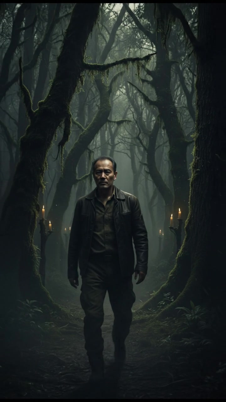 Hiro walking through a dense green forest, surrounded by tall trees and dappled sunlight filtering through the leaves.