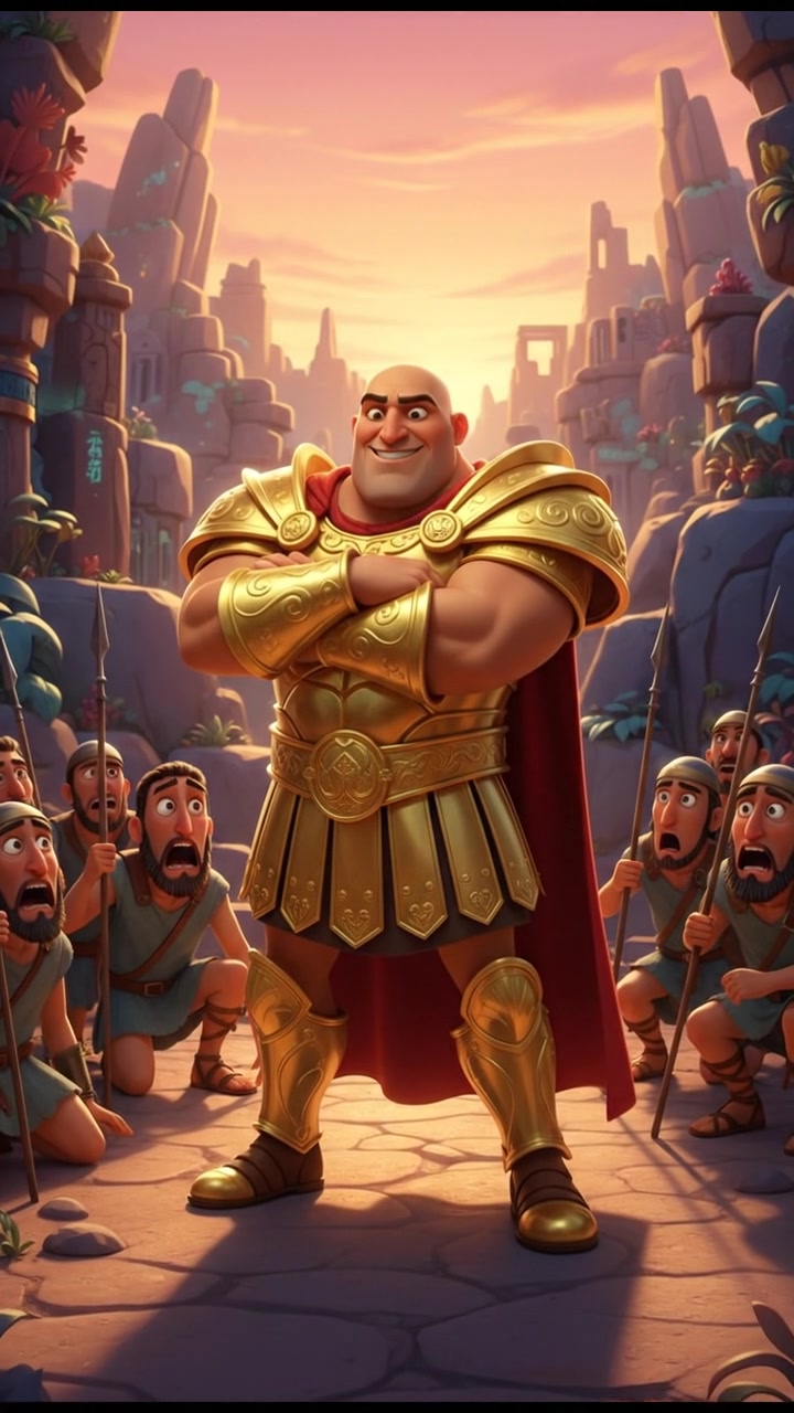 Carlos stands proudly, arms crossed, looking down at the frightened Israelite soldiers.