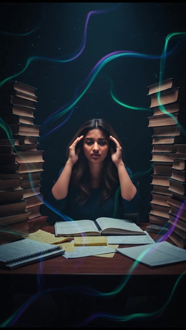 Priya sits at a desk, surrounded by stacks of textbooks and notes, looking concerned.