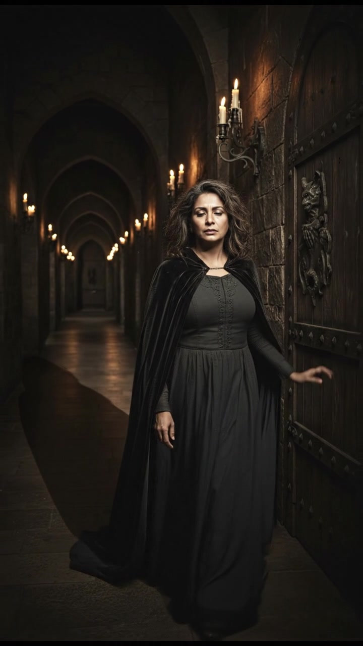 Asha walking down a dark hallway, her shadow stretching behind her as she hesitates.