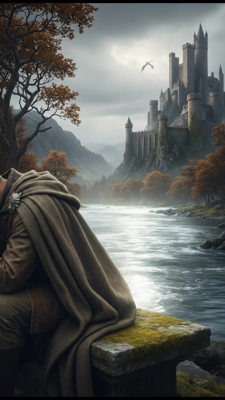 Raj sitting by the river, head in hands, contemplating without his axe.