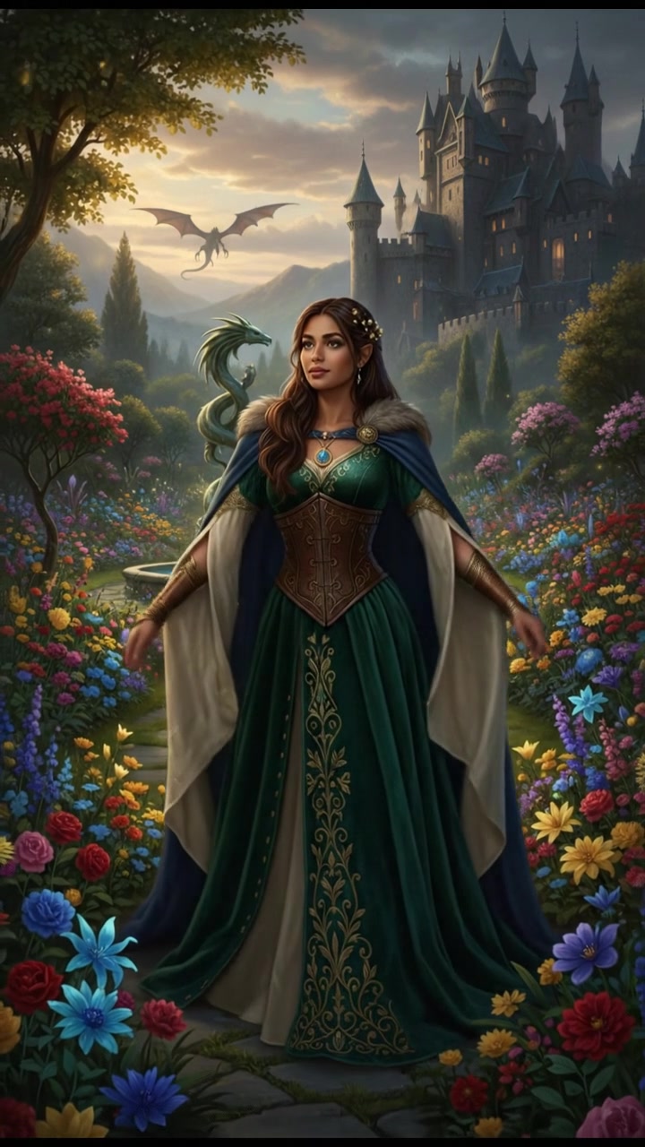 Priya standing gracefully in a beautiful garden, with colorful flowers around her.